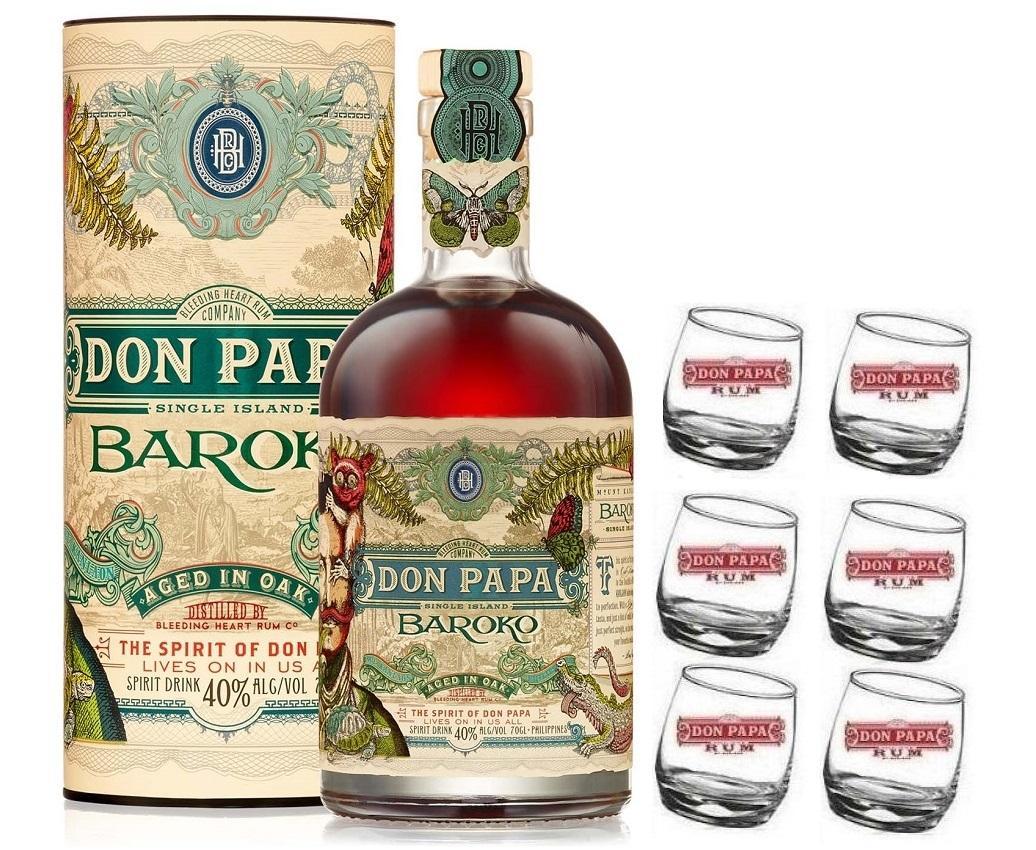 don papa rum don papa baroko 70cl con 6 bicchieri serigrafati basculanti logo bianco