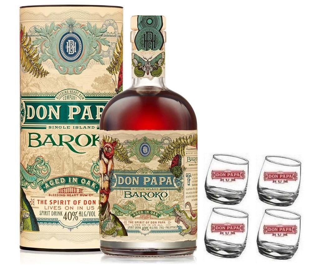 don papa rum don papa baroko 70 cl con 4 bicchieri serigrafati basculanti logo bianco