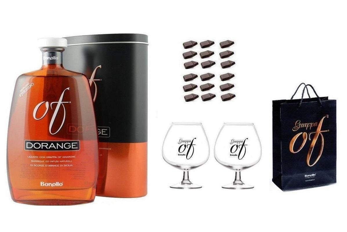 bonollo bonollo grappa dorange 70 cl in astuccio con due bicchieri e cioccolatini fondenti con busta regalo