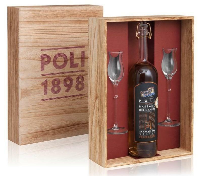 poli poli grappa bassano 24 carati 70 cl confezione in legno con due bicchieri