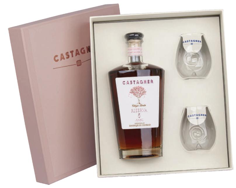 castagner castagner grappa riserva 5 anni barrique in ciliegio 70 cl confezione regalo con 2 bicchieri