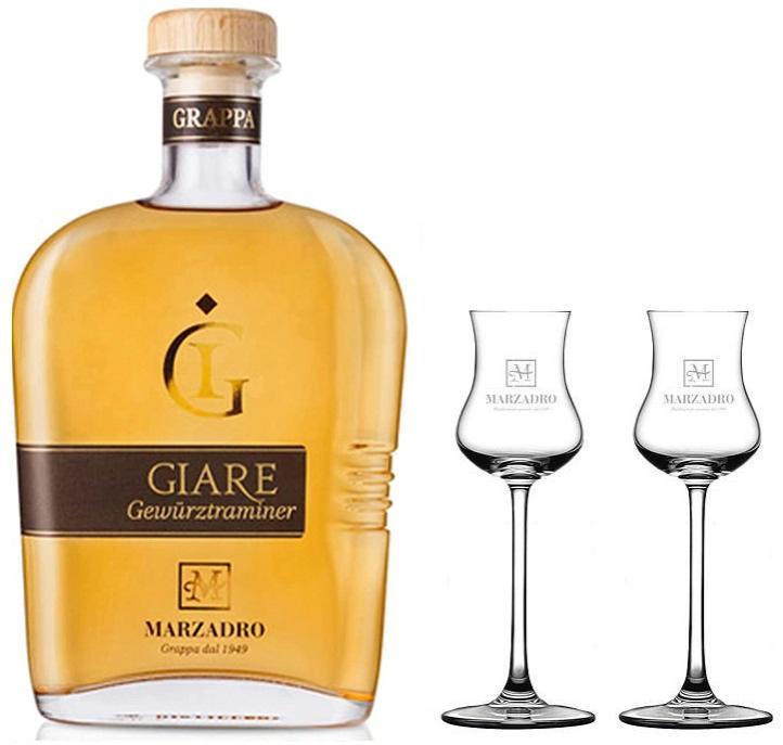 distilleria marzadro distilleria marzadro grappa giare gewurztraminer 70 cl  con due bicchieri - foto 1