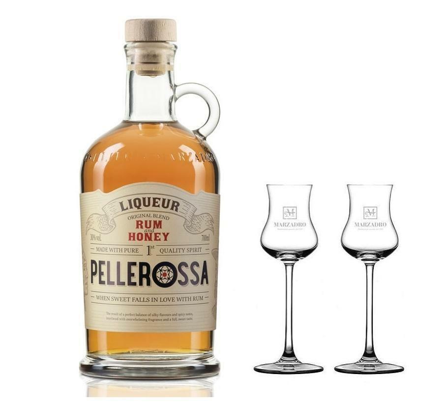 distilleria marzadro distilleria marzadro pellerossa rum al miele 70 cl con 2 bicchieri tulipano - foto 1