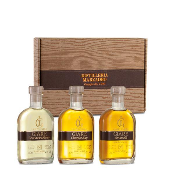 distilleria marzadro distilleria marzadro collezione grappa giare 3 bottiglie da 10 cl in confezione regalo - foto 1