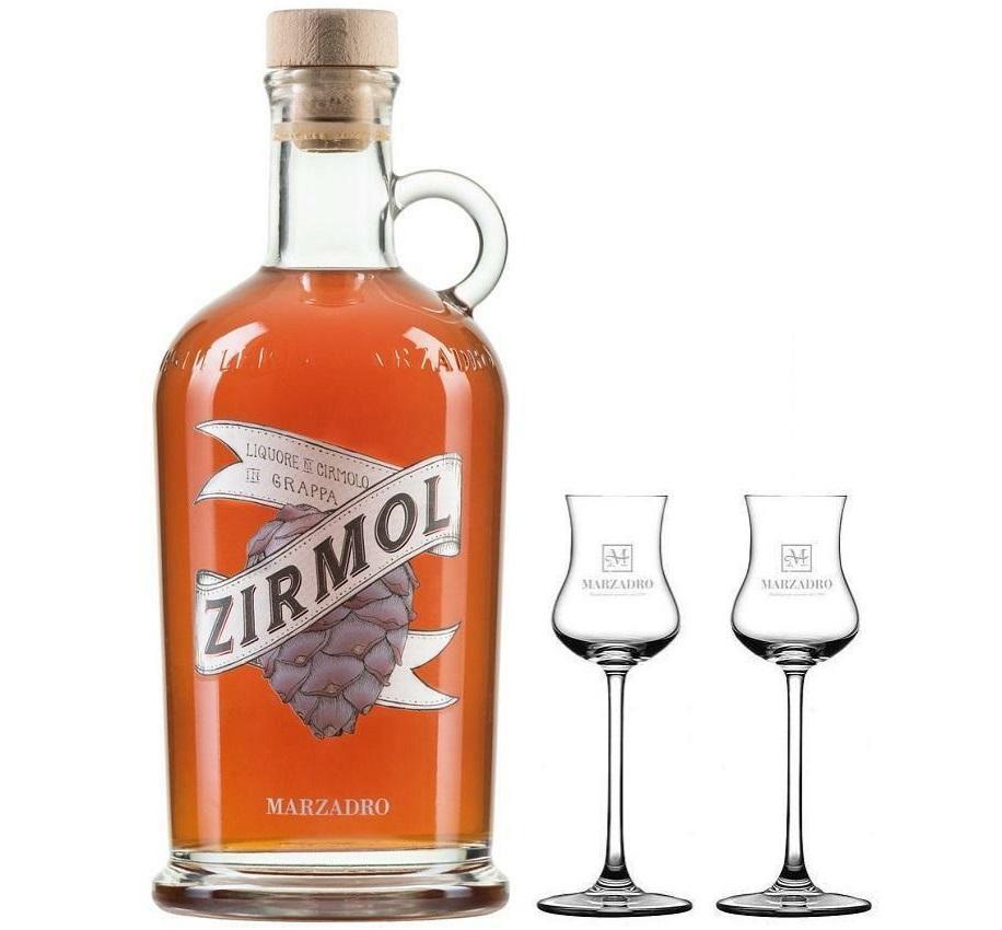 distilleria marzadro distilleria marzadro zirmol liquore di cirmolo in grappa 70 cl con due bicchieri - foto 1