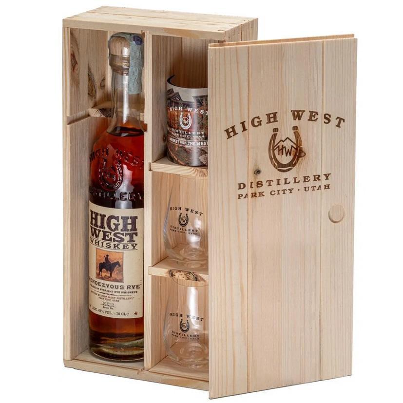 high west high west whiskey rendezvous rye 70 cl confezione regalo in legno con 2 bicchieri - foto 1