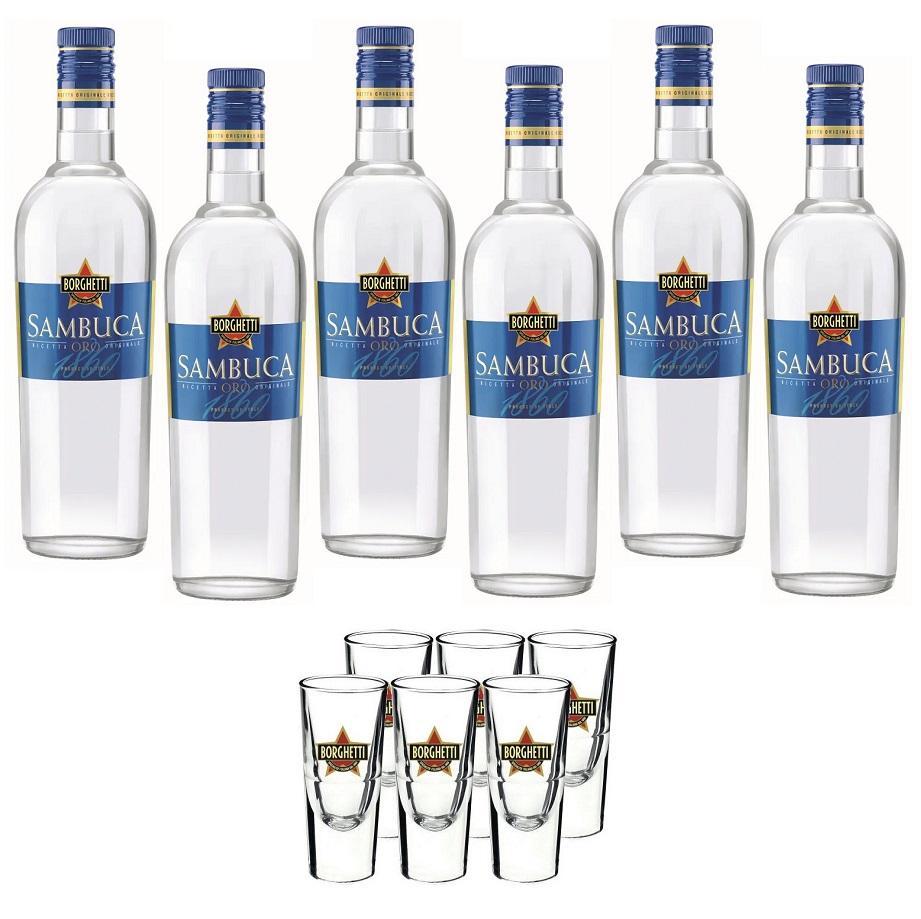 borghetti borghetti sambuca oro 6 bottiglie da 1 litro con 6 bicchieri - foto 1