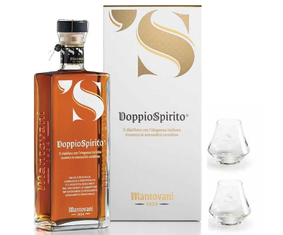 mantovani s mantovani doppiospirito grappa al rum dei caraibi 70 cl in astuccio e 2 bicchieri