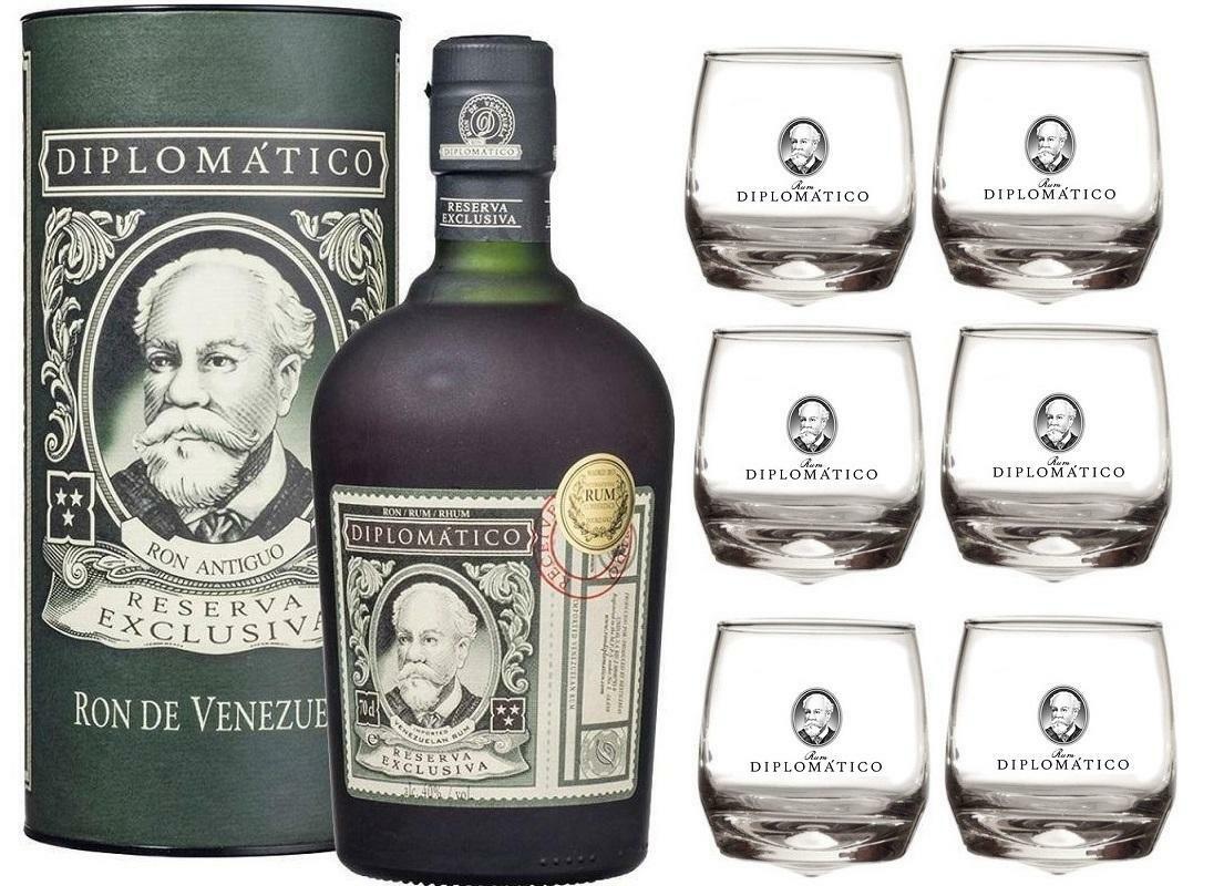 diplomatico diplomatico ron reserva exclusiva 70 cl in astuccio con 6 bicchieri logo bianco