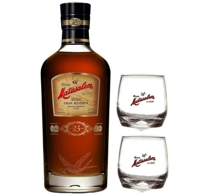 matusalem rum 23 gran reserva 70 cl  in astuccio + 2 bicchieri matusalem logo bianco