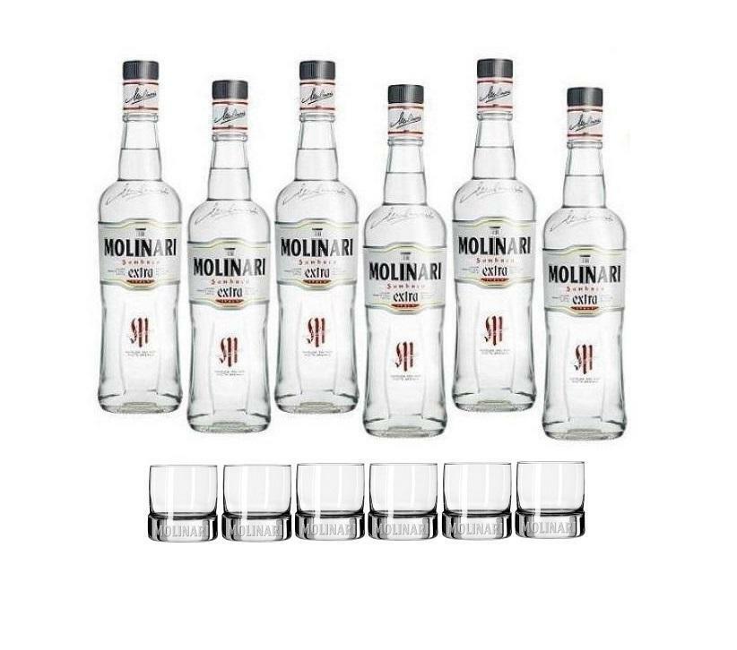 molinari molinari sambuca extra 1,5 litri 6 bottiglie con 6 bicchieri originali