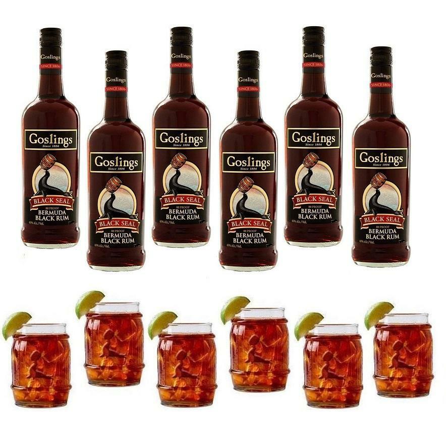 gosling's gosling's rum black seal 1 lt 6 bottiglie con 6 bicchieri a forma di botte