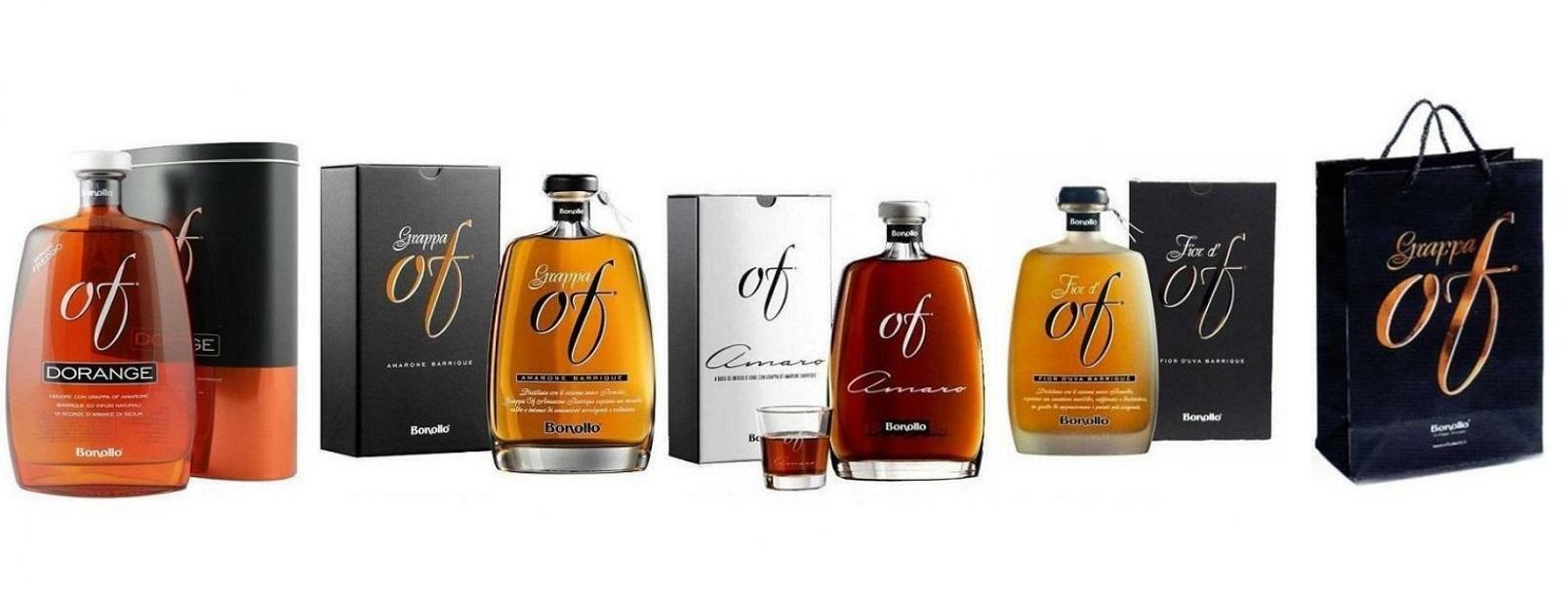 bonollo bonollo special pack, grappa amarone, + dorange, + amaro + fior d'of con busta regalo