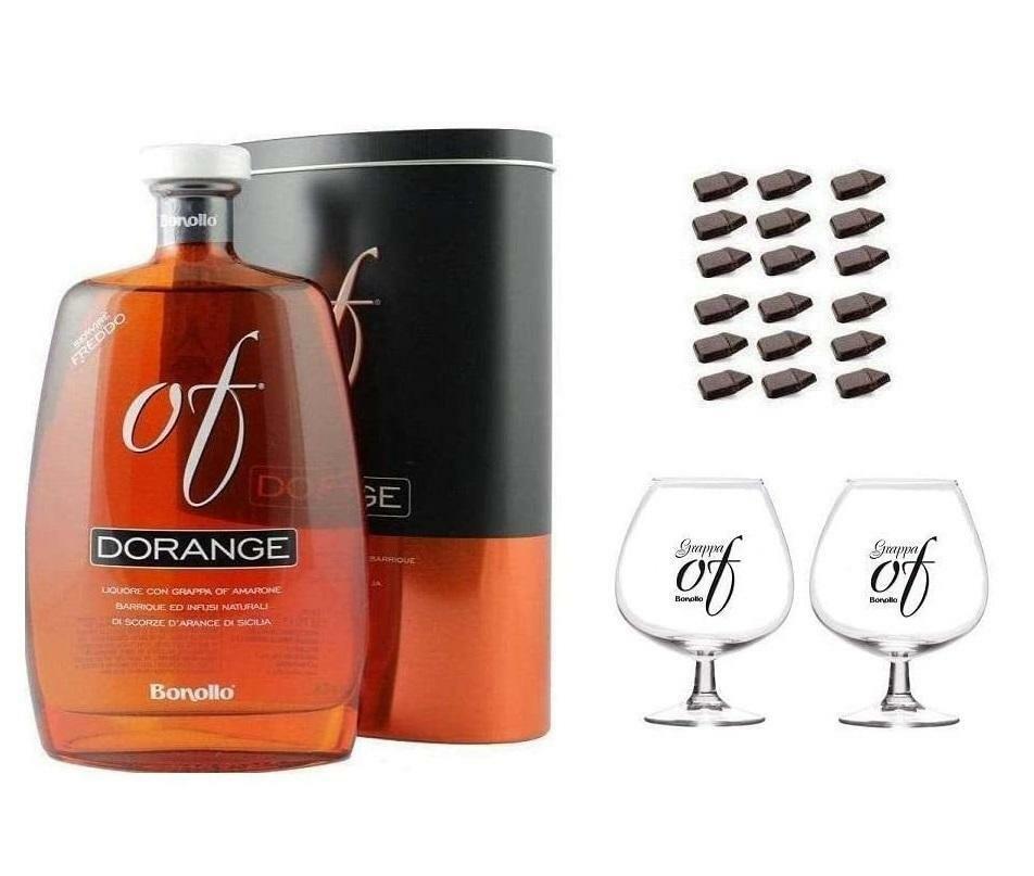 bonollo bonollo grappa dorange 70 cl in astuccio con due bicchieri e cioccolatini fondenti